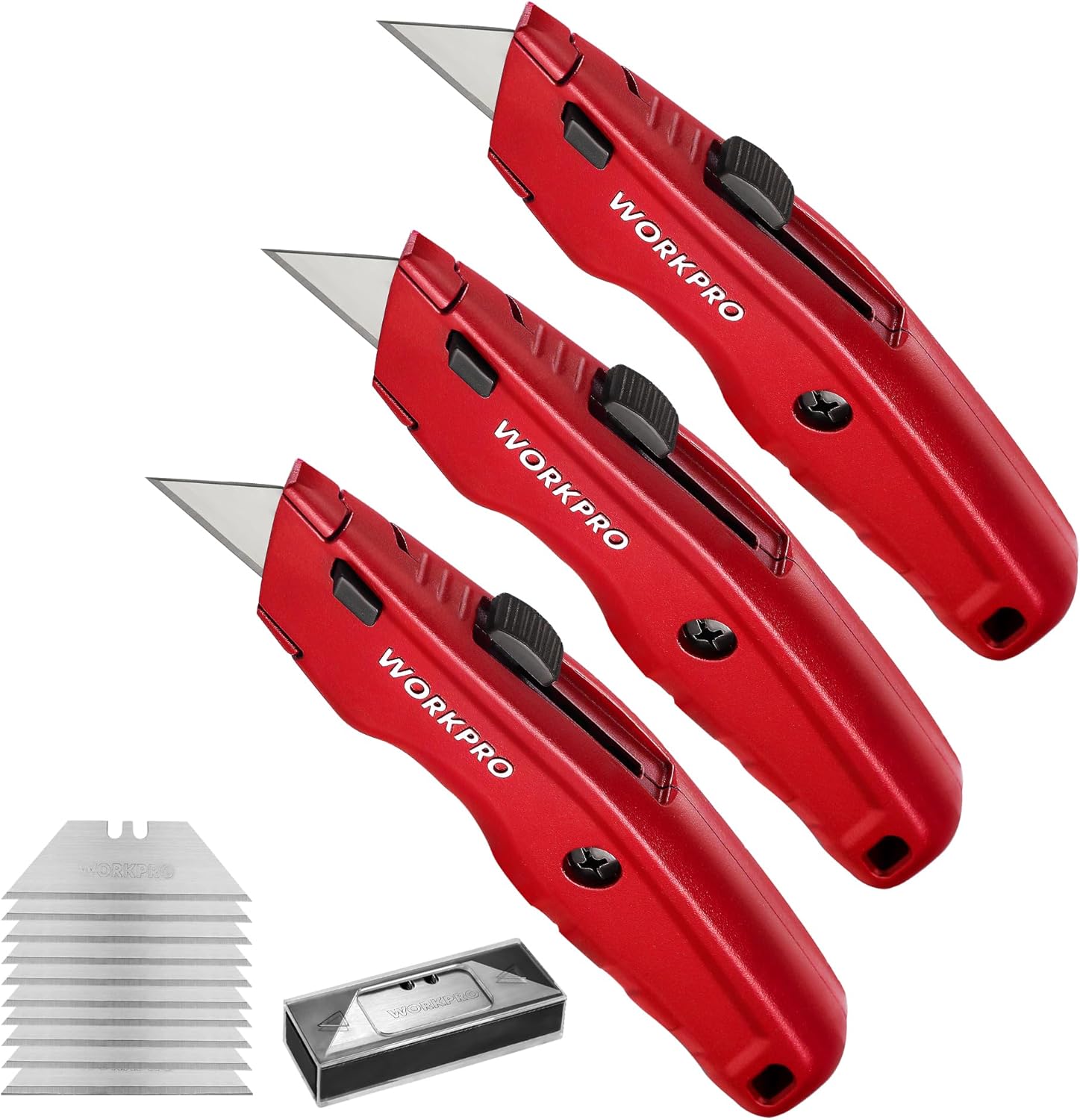 Set of three WORKPRO red retractable utility knives with exposed blades