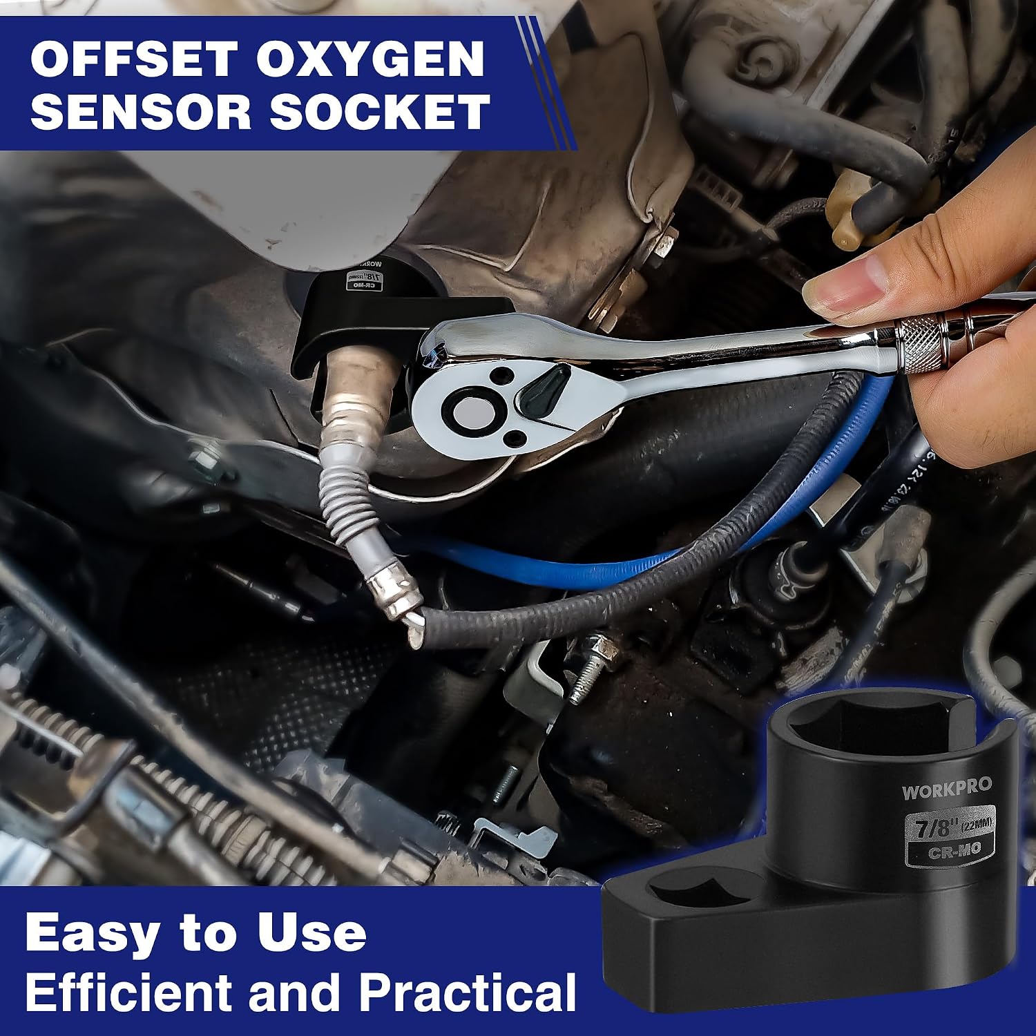Offset oxygen sensor socket tool on engine hardware, with ratchet wrench in hand