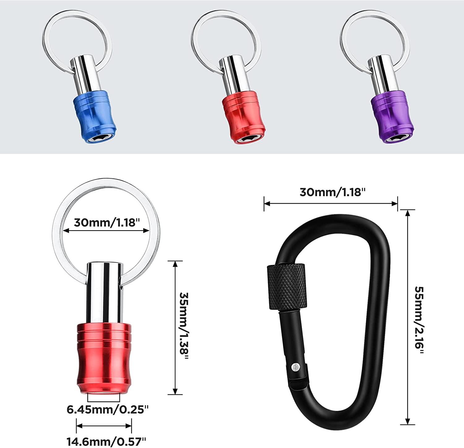 Three 1/4-inch hex bit holder keychains in blue, red and purple with size diagram