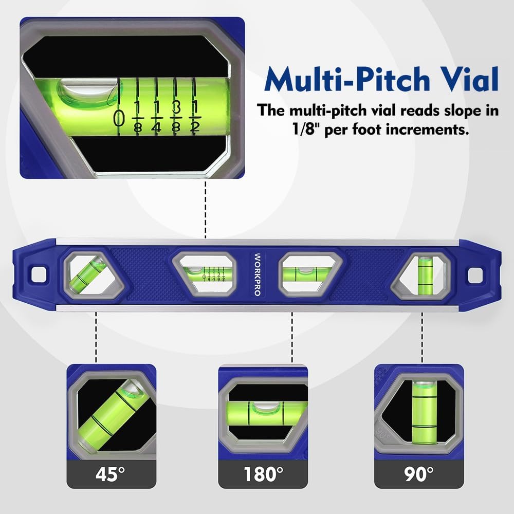 Blue multi-pitch torpedo level showing green slope vial and pitch scale windows