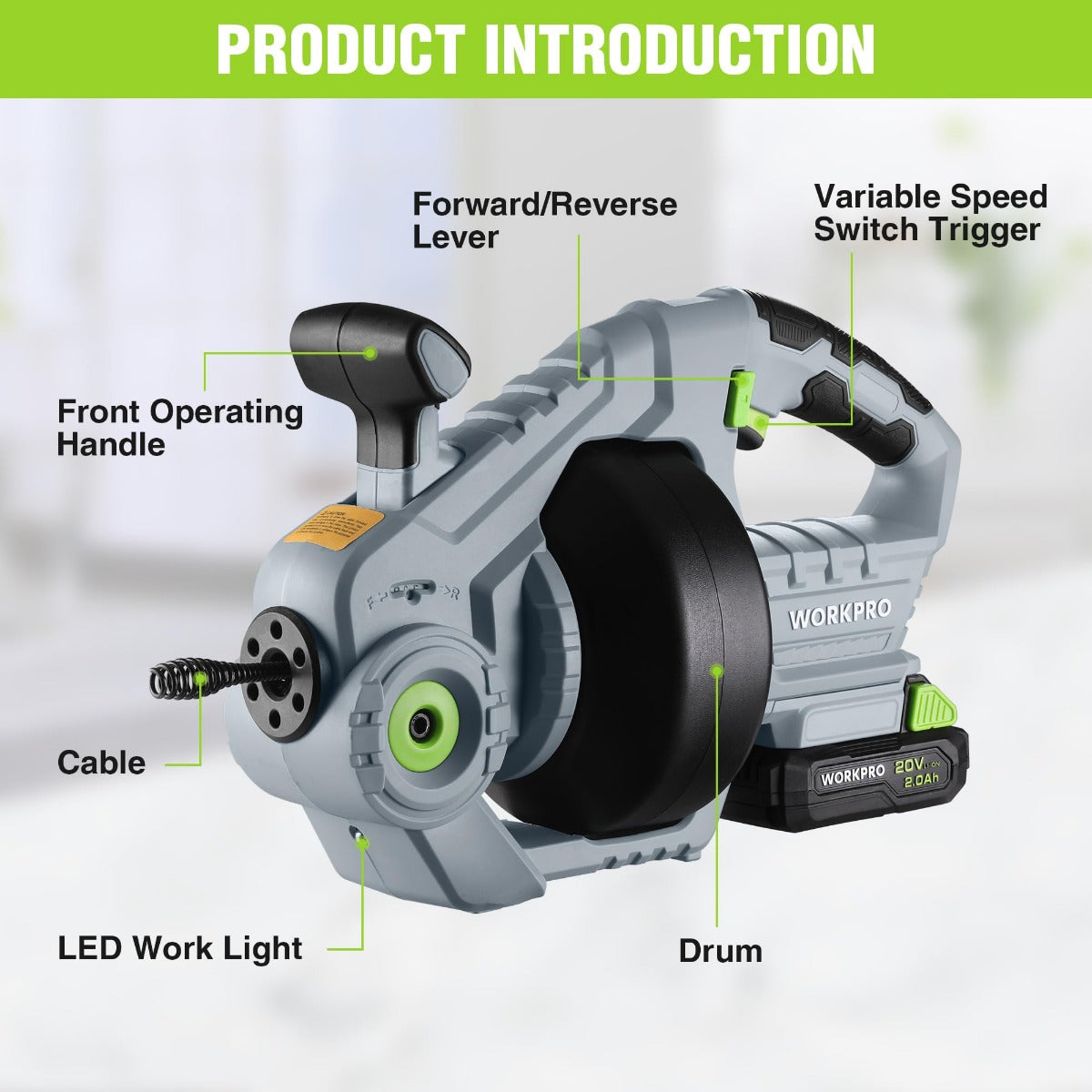 Electric drain auger with front handle, reverse lever, variable speed trigger, and LED light
