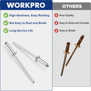 WORKPRO 200Pcs Aluminum Blind Rivets, 1/8" x 3/8" Pop Rivets Assortment, Aluminum Grip and Steel Mandrel, for Metal, Marine Boat, Automotive, Railway, and Duct Work- Pack of 200, Silver