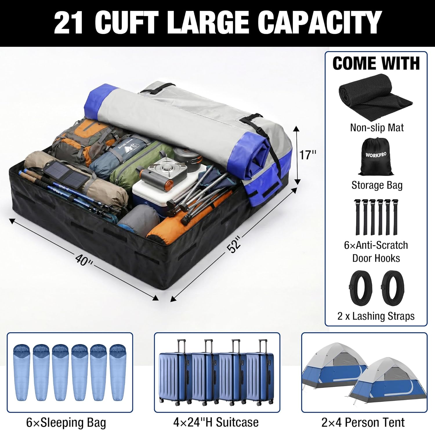 Rooftop cargo carrier bag with anti-slip mat, straps, and lashing hooks shown