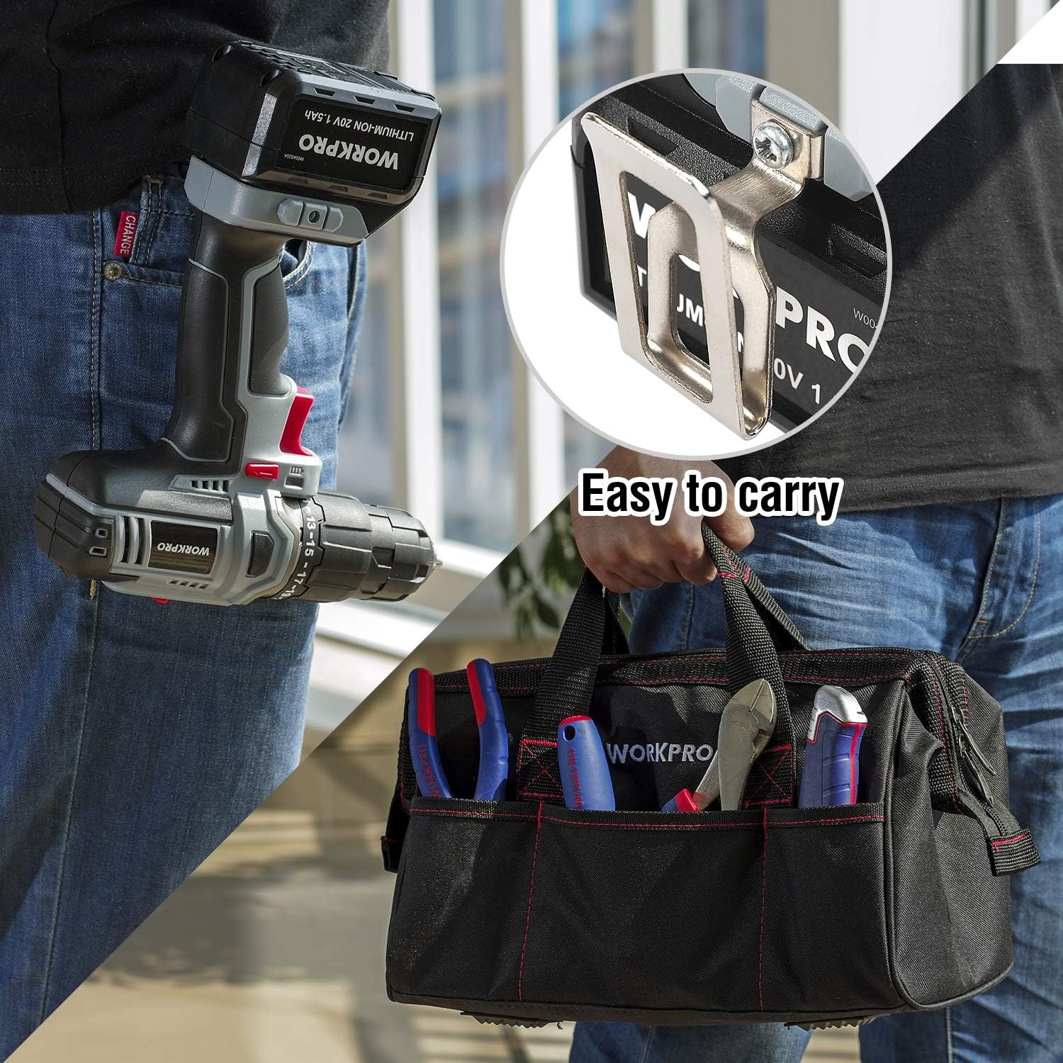 WORKPRO cordless drill carried with tools in a black storage bag