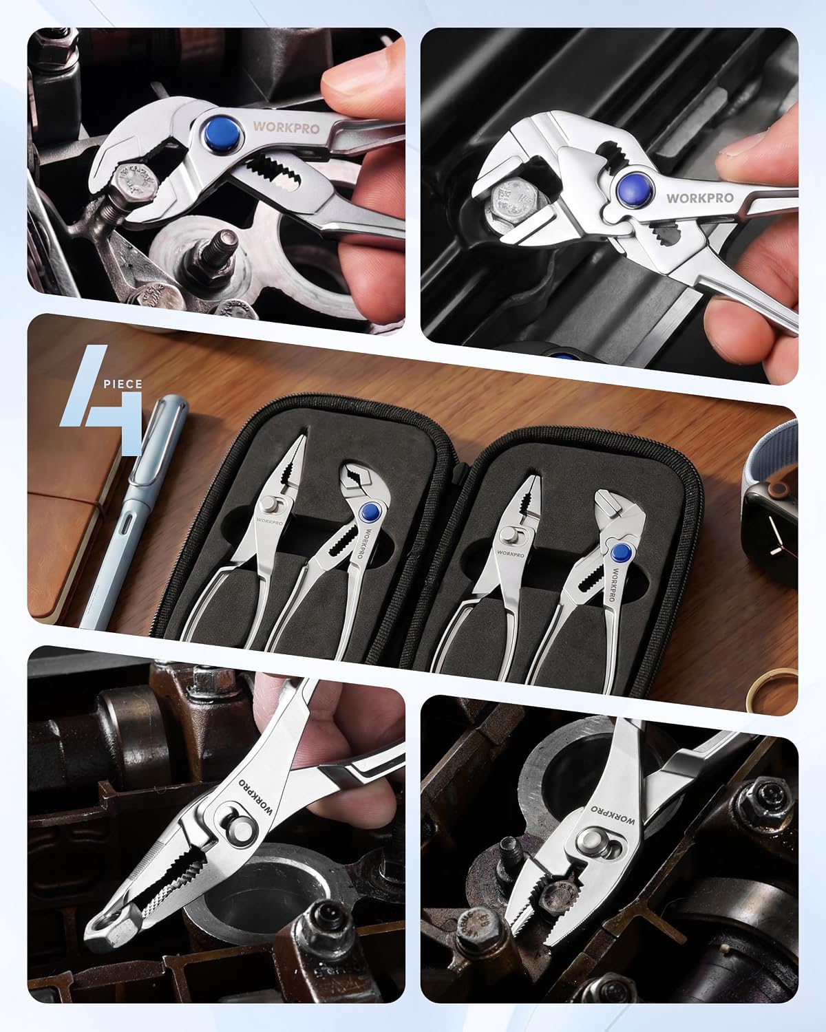 Four mini pliers stored in a black pouch, shown in use for gripping small hardware