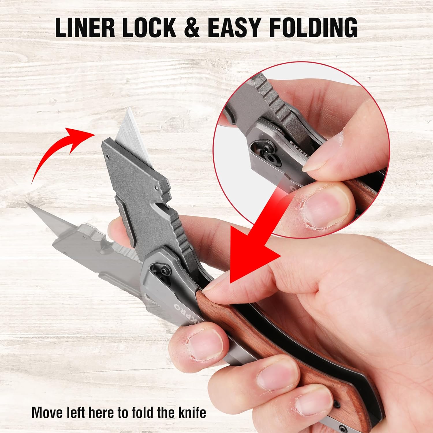 WORKPRO folding utility knife liner lock with easy folding action, close-up