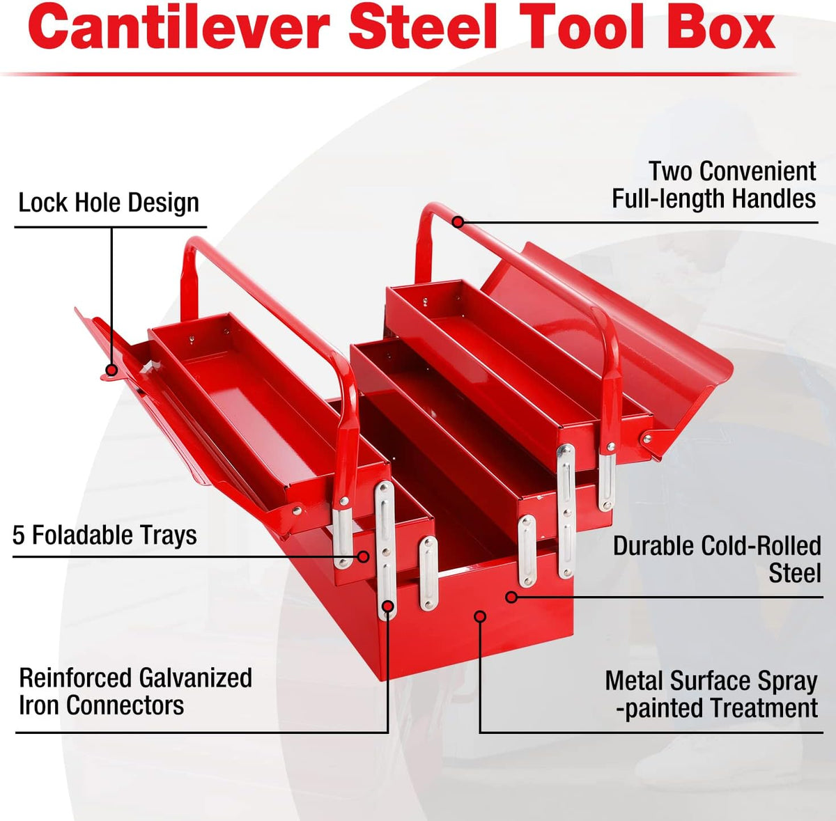 WORKPRO Metal Tool Box, 18-inch Cantilever Folding Red Storage Box, 3-Layer 5-Tray Multi-Function Tool Organizer, Red
