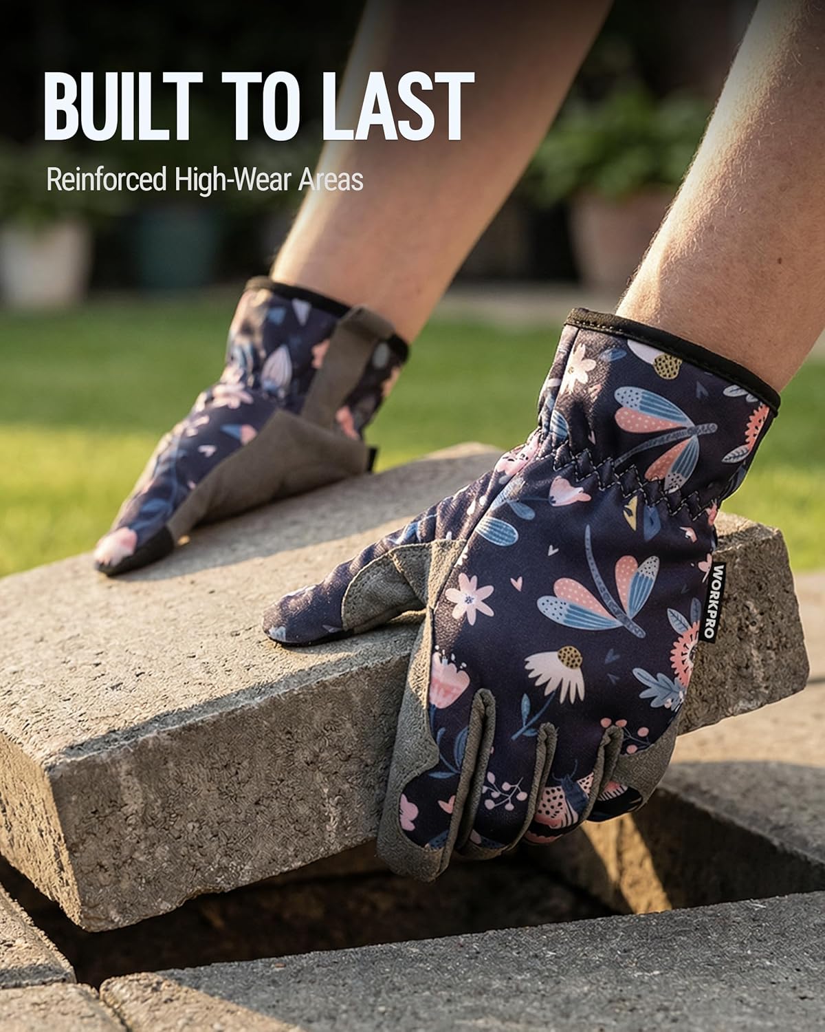 Durable floral garden gloves with reinforced high-wear palms and wrist cuff.