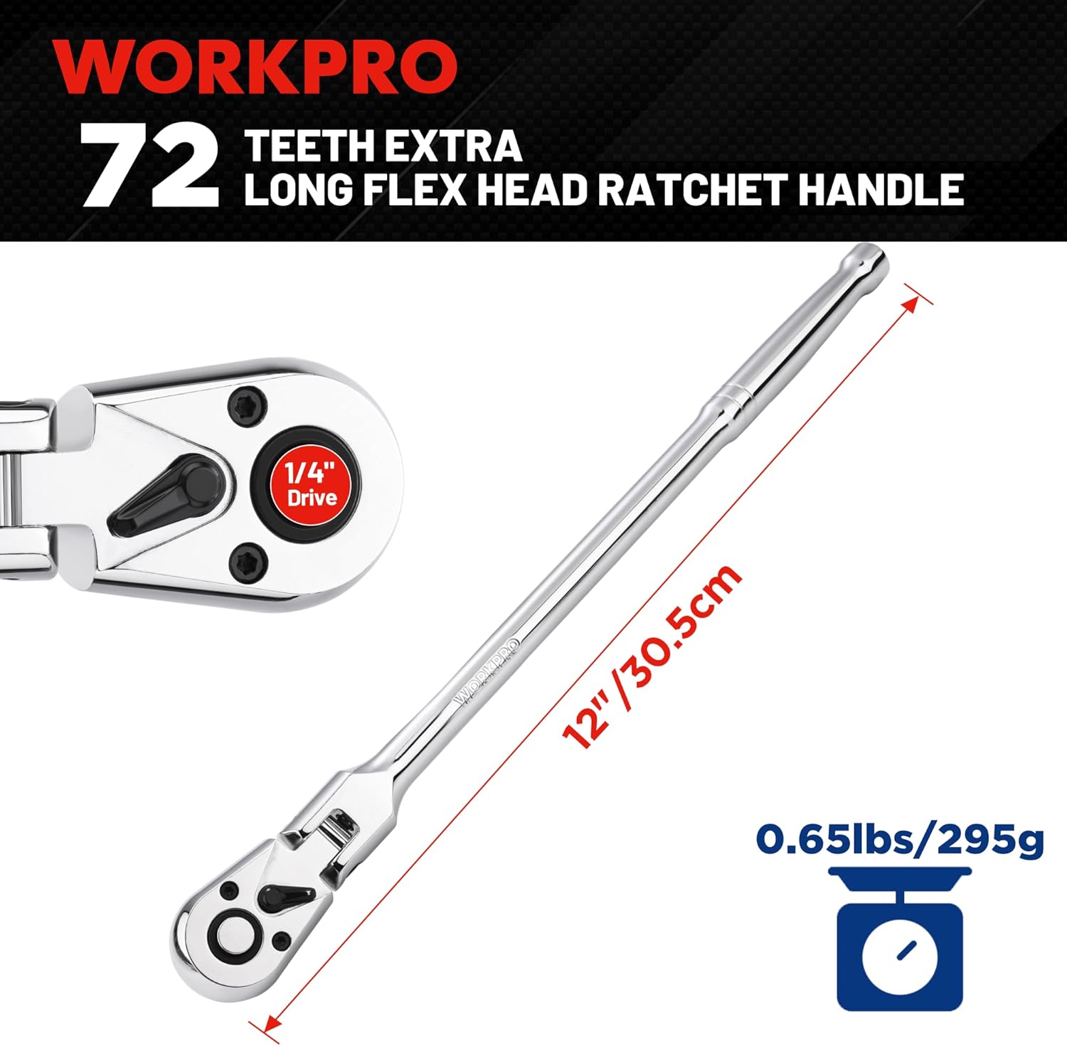 1/4 in drive long flex-head ratchet wrench, chrome-finish handle