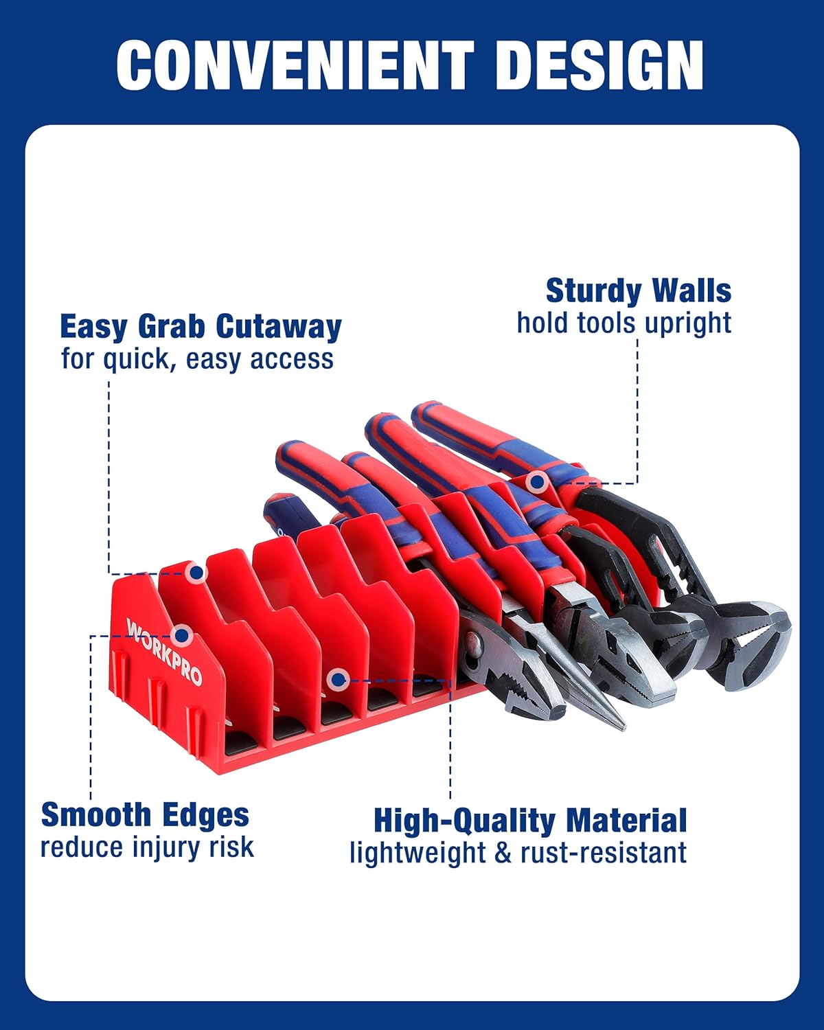 Tool organizer rack with easy-grab cutaways and smooth edges for upright storage