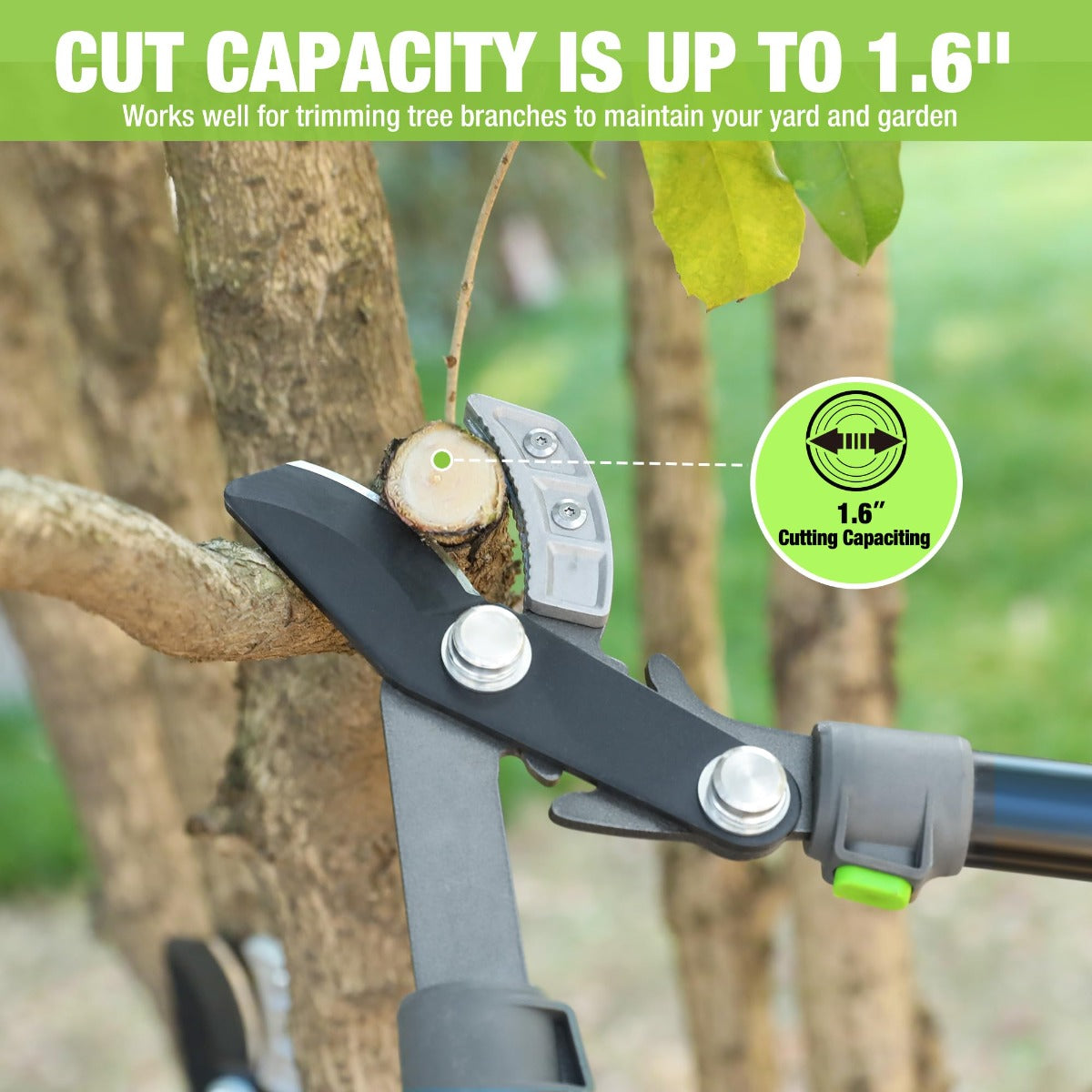 Anvil-style WORKPRO tree lopper cutting a branch with black and green handles