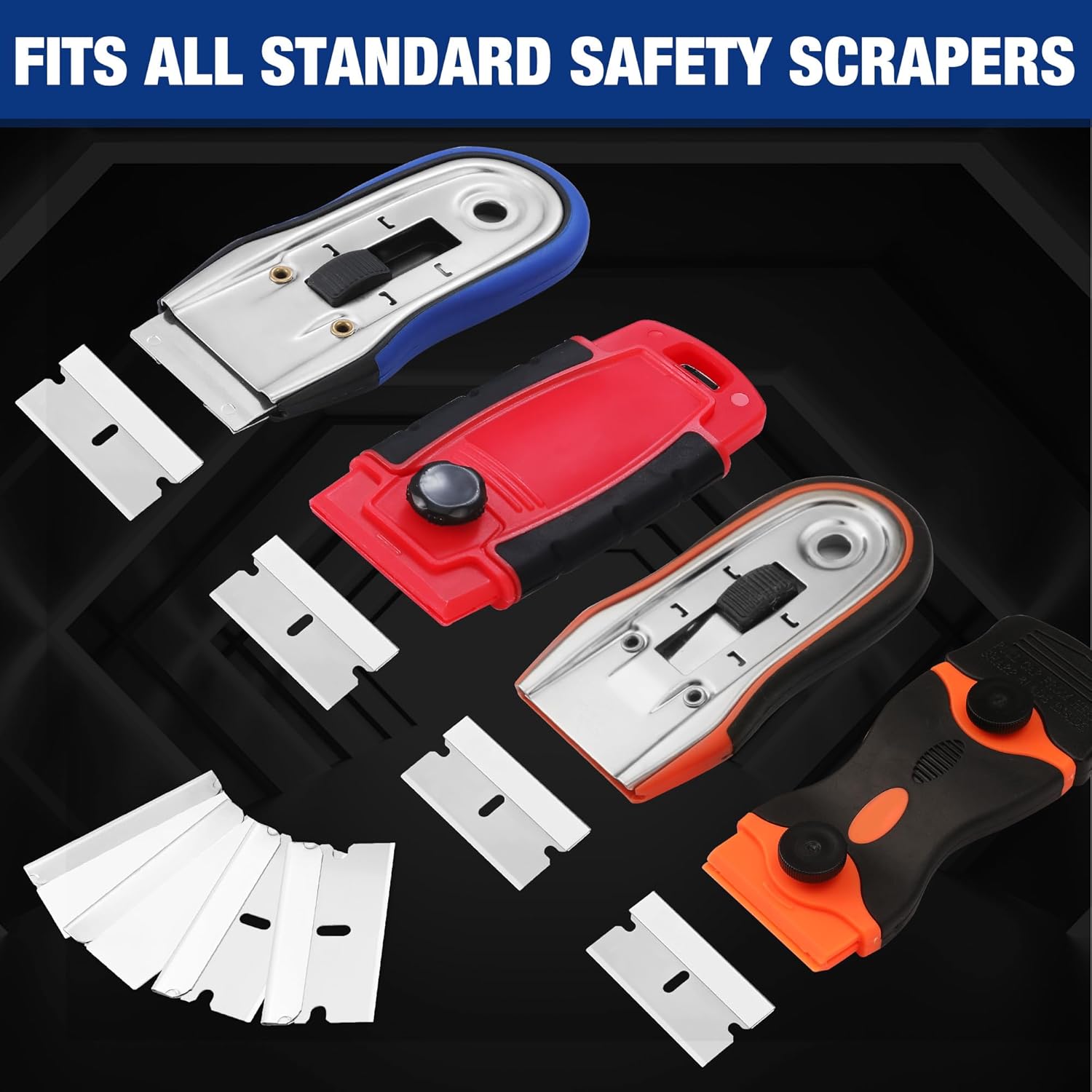Single-edge scraper razor blades with multiple blade profiles for safety scrapers.