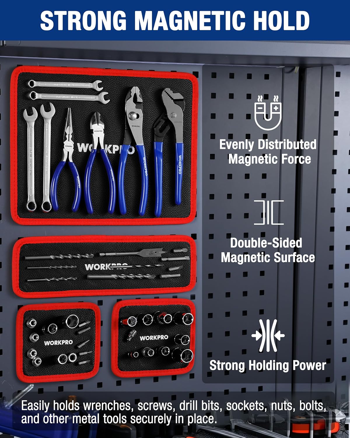 WORKPRO magnetic tool holder tray on pegboard, holding wrenches and sockets