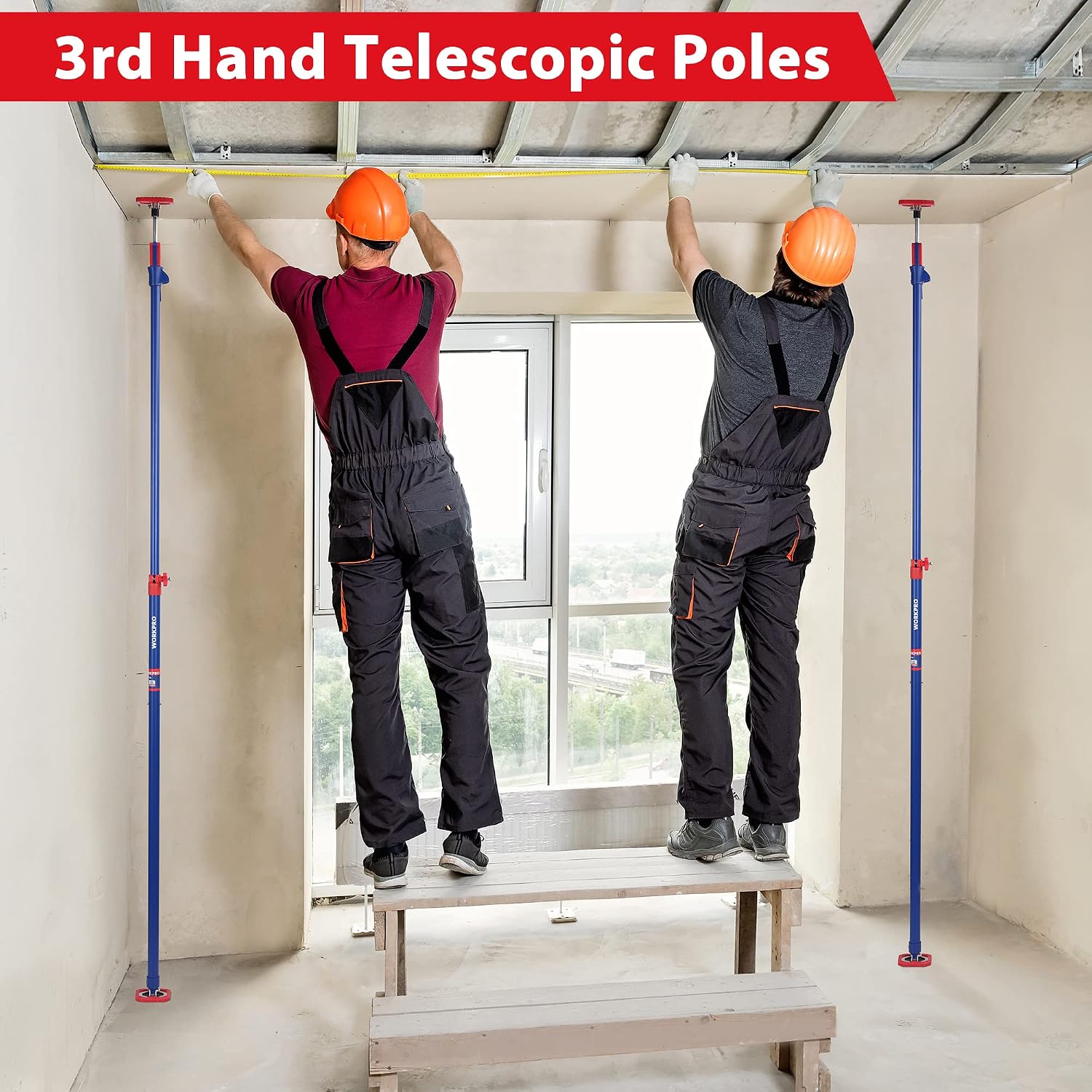 WORKPRO adjustable cabinet jack support pole 2-pack with 360 degree rotating head and non slip PVC pads