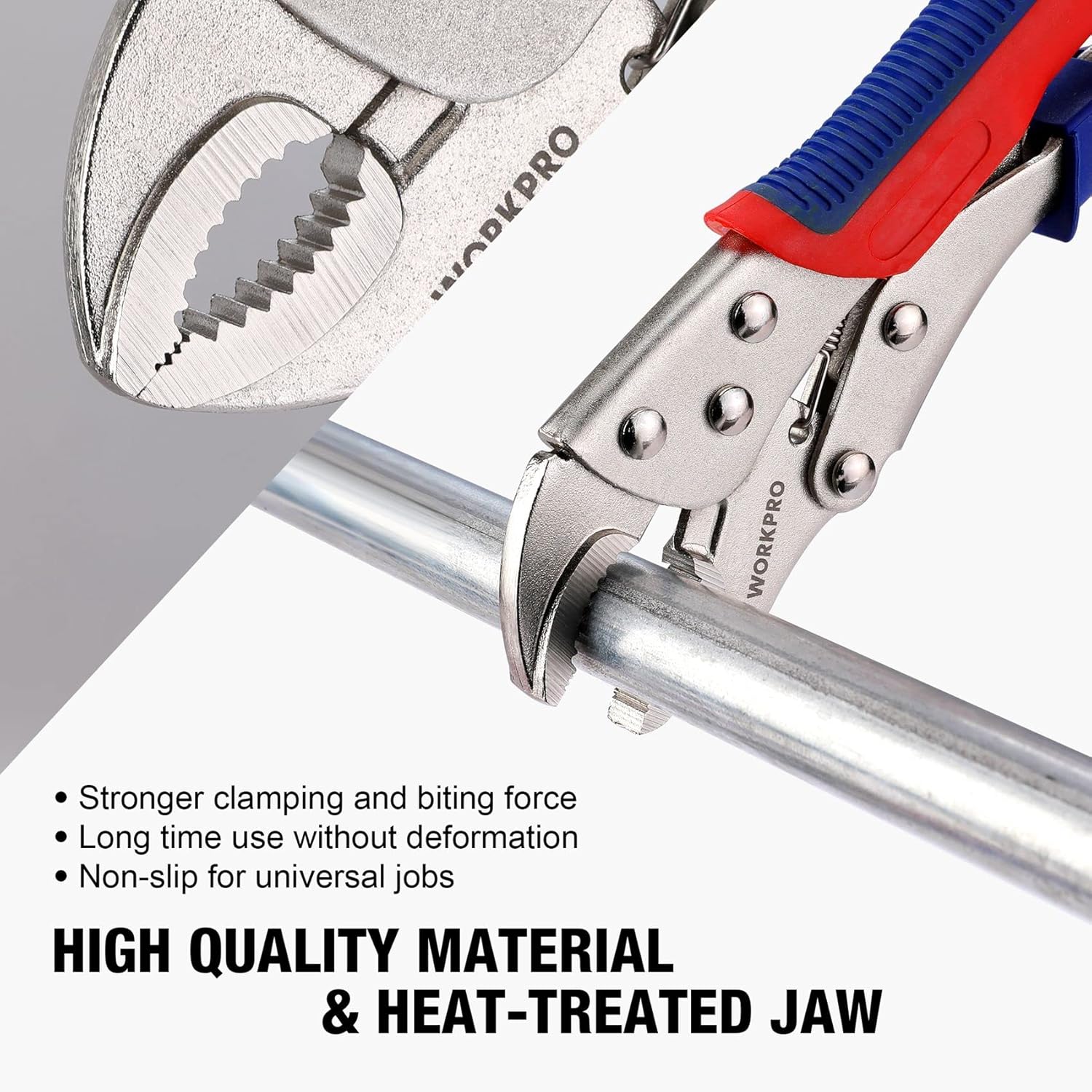 WORKPRO 3 Pcs Locking Pliers Set innovation quality high-quality durable secure grip, silver jaws and red handles