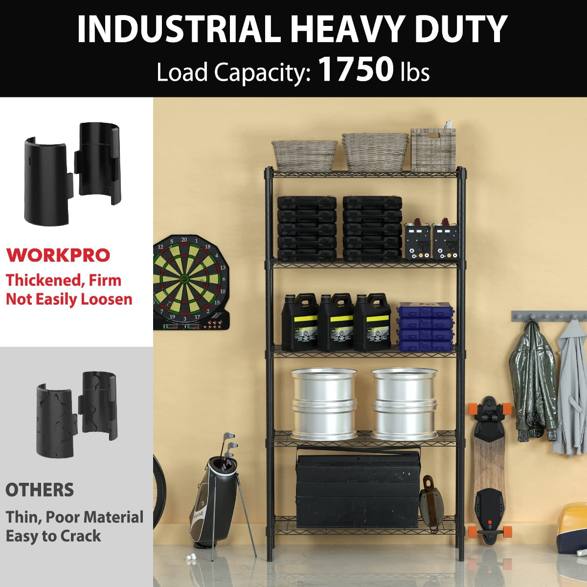 Black wire storage rack with strong steel frame and 5 open shelves
