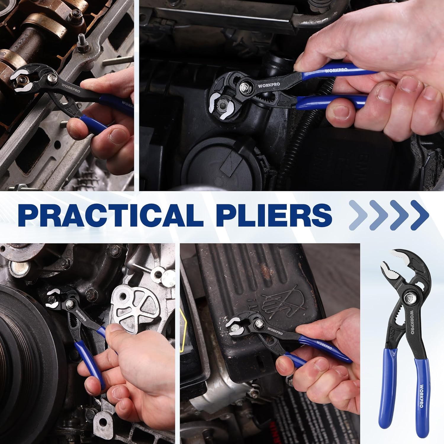 Water pump pliers with blue handle used near engine components in a vehicle bay