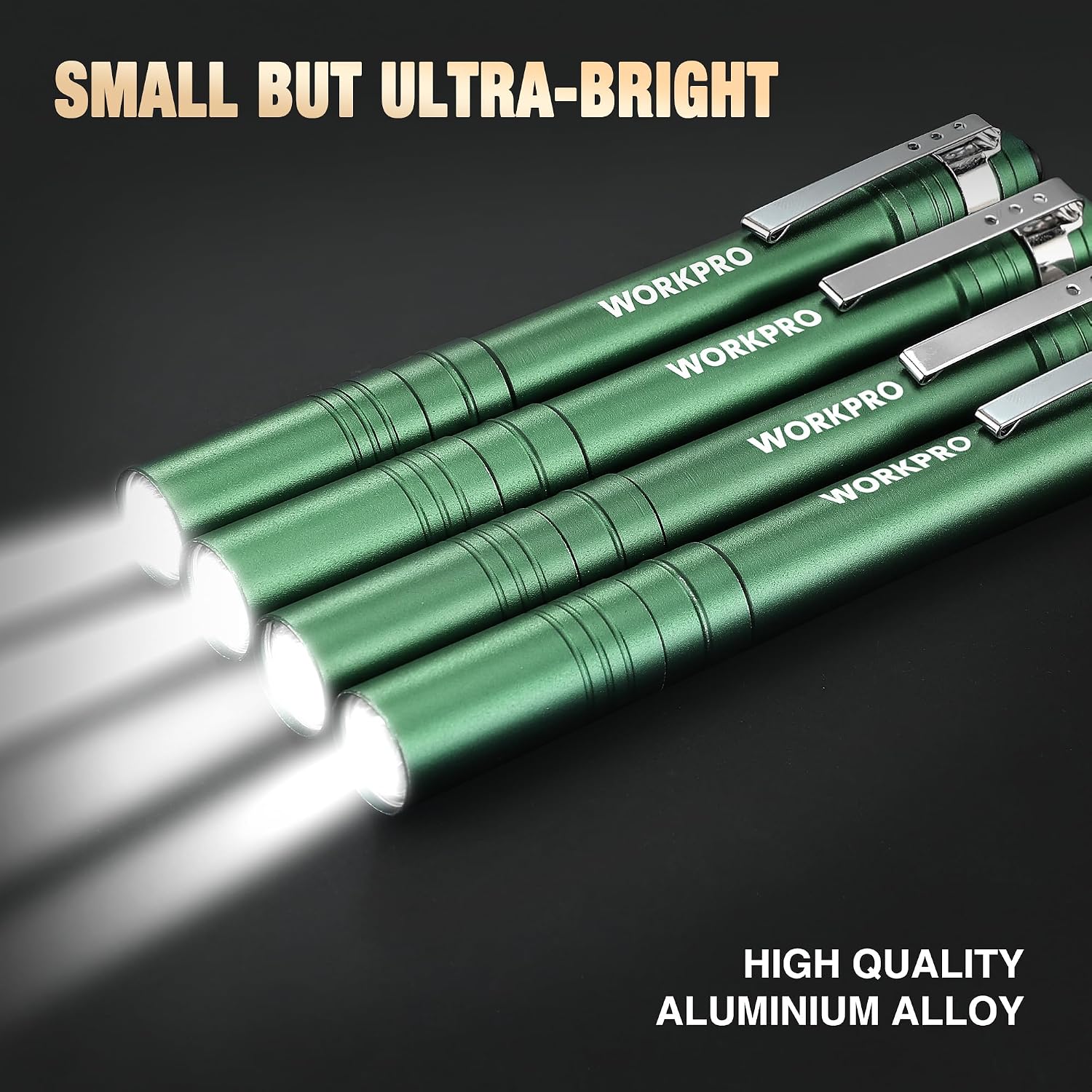 Green aluminum LED pen flashlight set with bright front lens tips