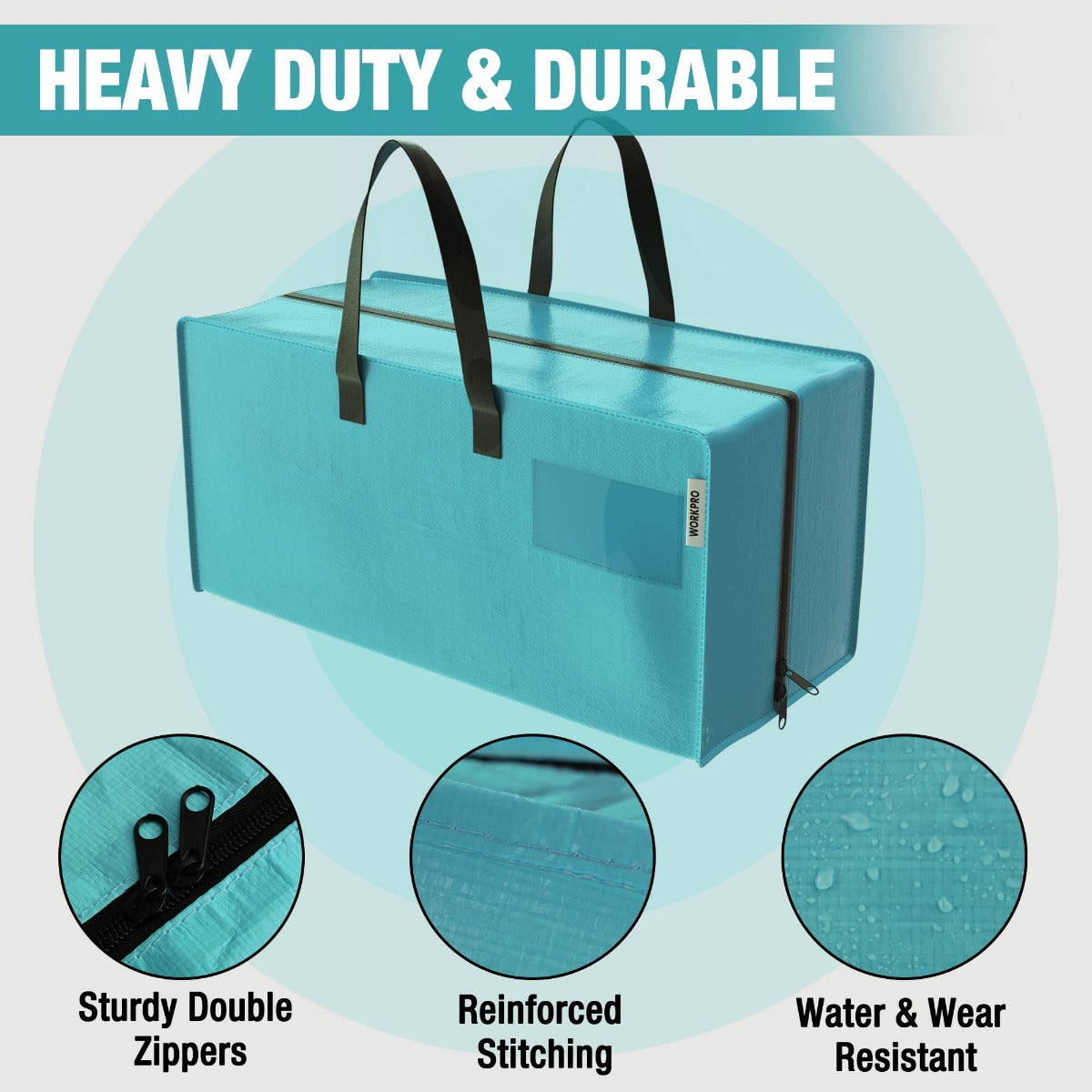 Blue heavy-duty storage tote with black carry handles and double zipper closure