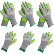 Six-pack set of gray and green garden work gloves, angled front views