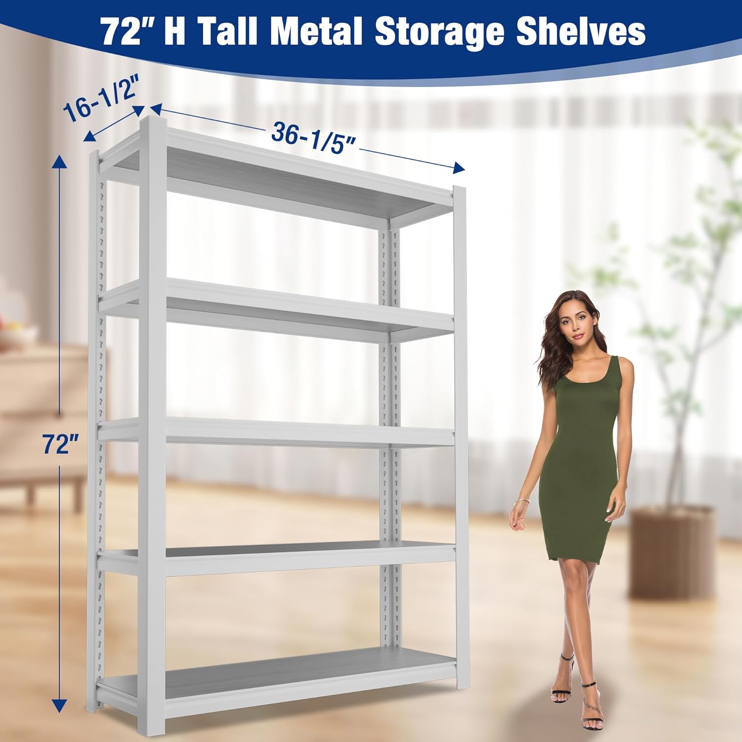 White 5-tier metal storage shelving unit with board shelves, tall open frame design