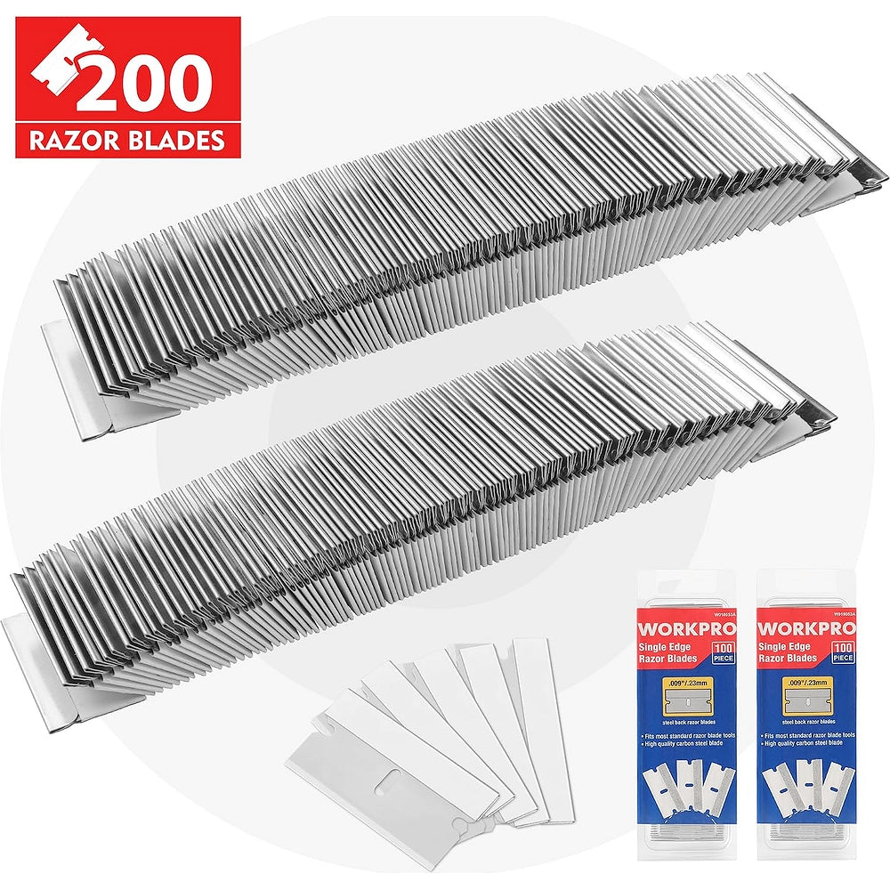 200-pack single-edge razor blades, silver blade strip sheets with WORKPRO packaging