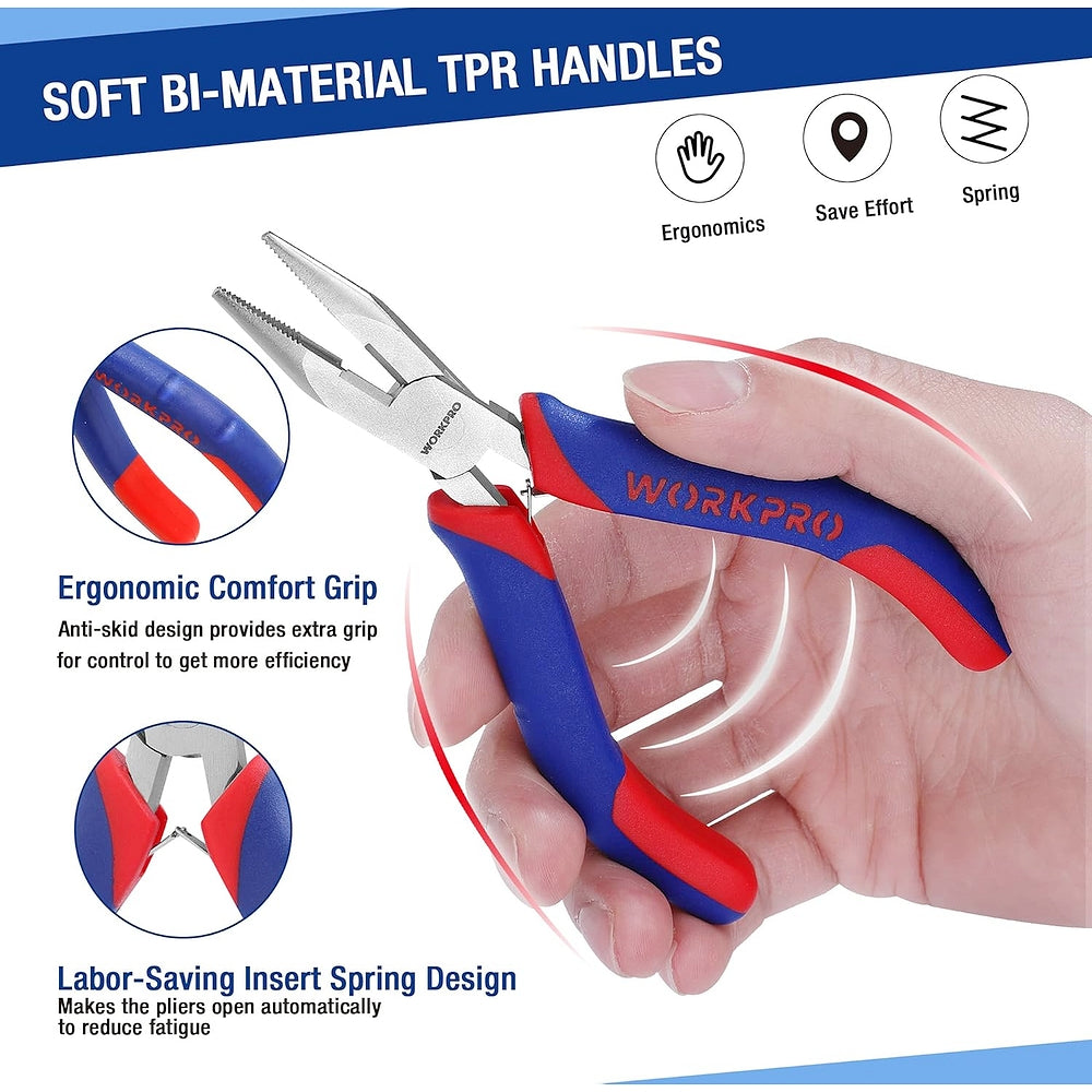 WORKPRO mini pliers with blue-and-red soft TPR insulated handles and spring action