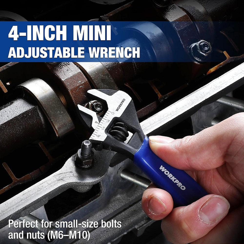 Mini adjustable wrench gripping small bolt/nut; black jaw with adjustable wheel and blue handle