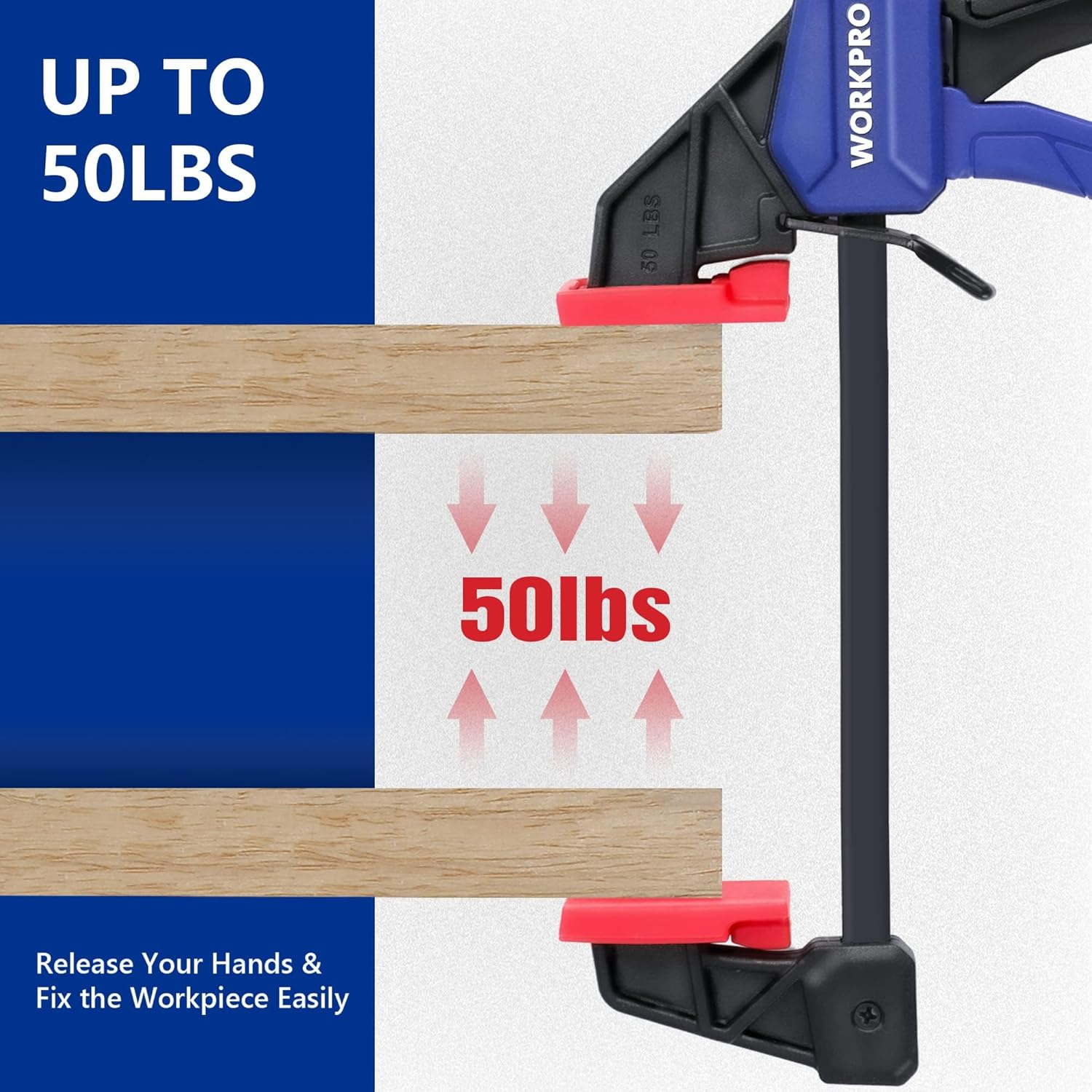 WORKPRO mini bar clamp, blue handle and red pads pressing onto wood