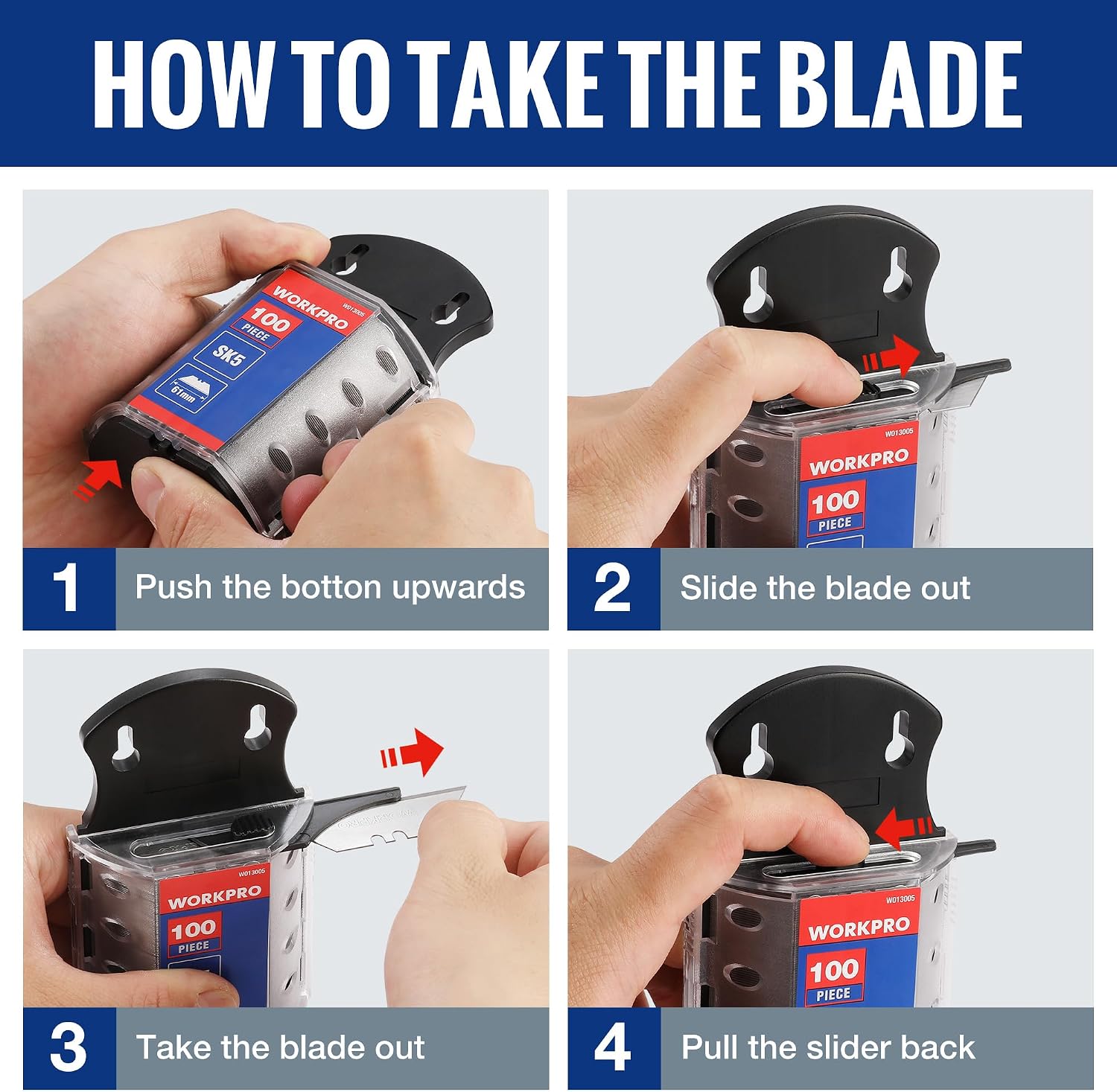 Utility knife blade dispenser with slider, illustrated steps for removing SK5 blades