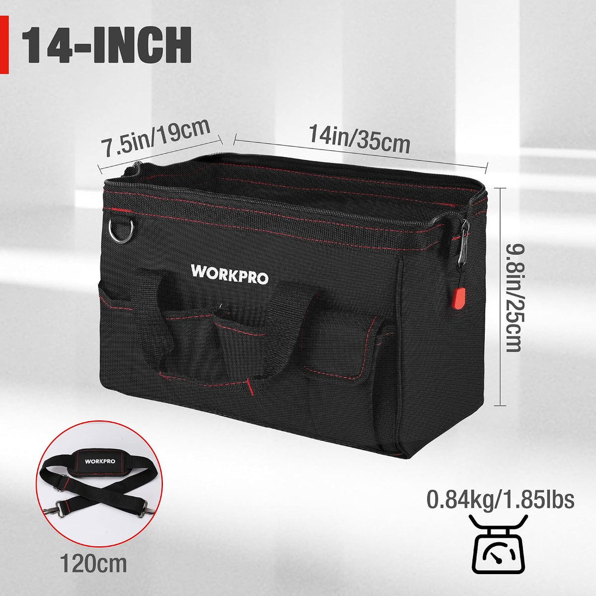 WORKPRO 14-inch Tool Bag Multi-pocket Tool Organizer with Adjustable Shoulder Strap