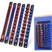 Set of red, blue, and black magnetic socket organizer rails with rows of black clips