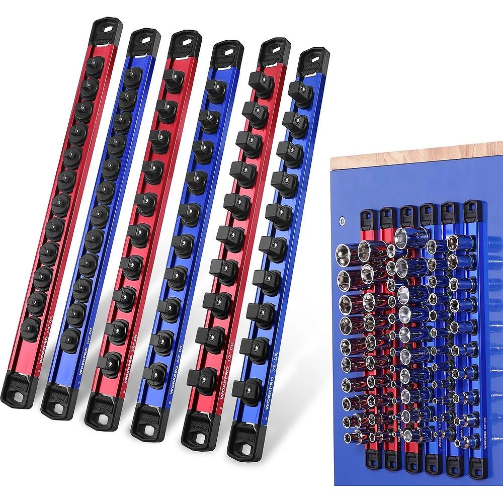 Set of red, blue, and black magnetic socket organizer rails with rows of black clips