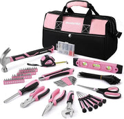 Pink-and-black hand tool set with wide open bag and assorted tools and bits