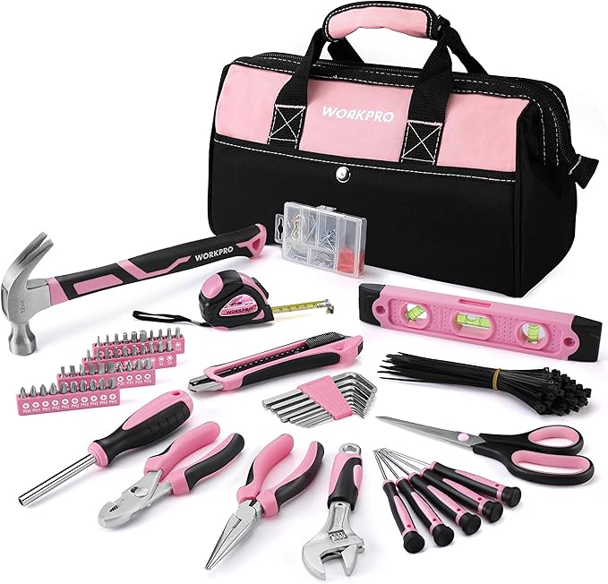 Pink-and-black hand tool set with wide open bag and assorted tools and bits