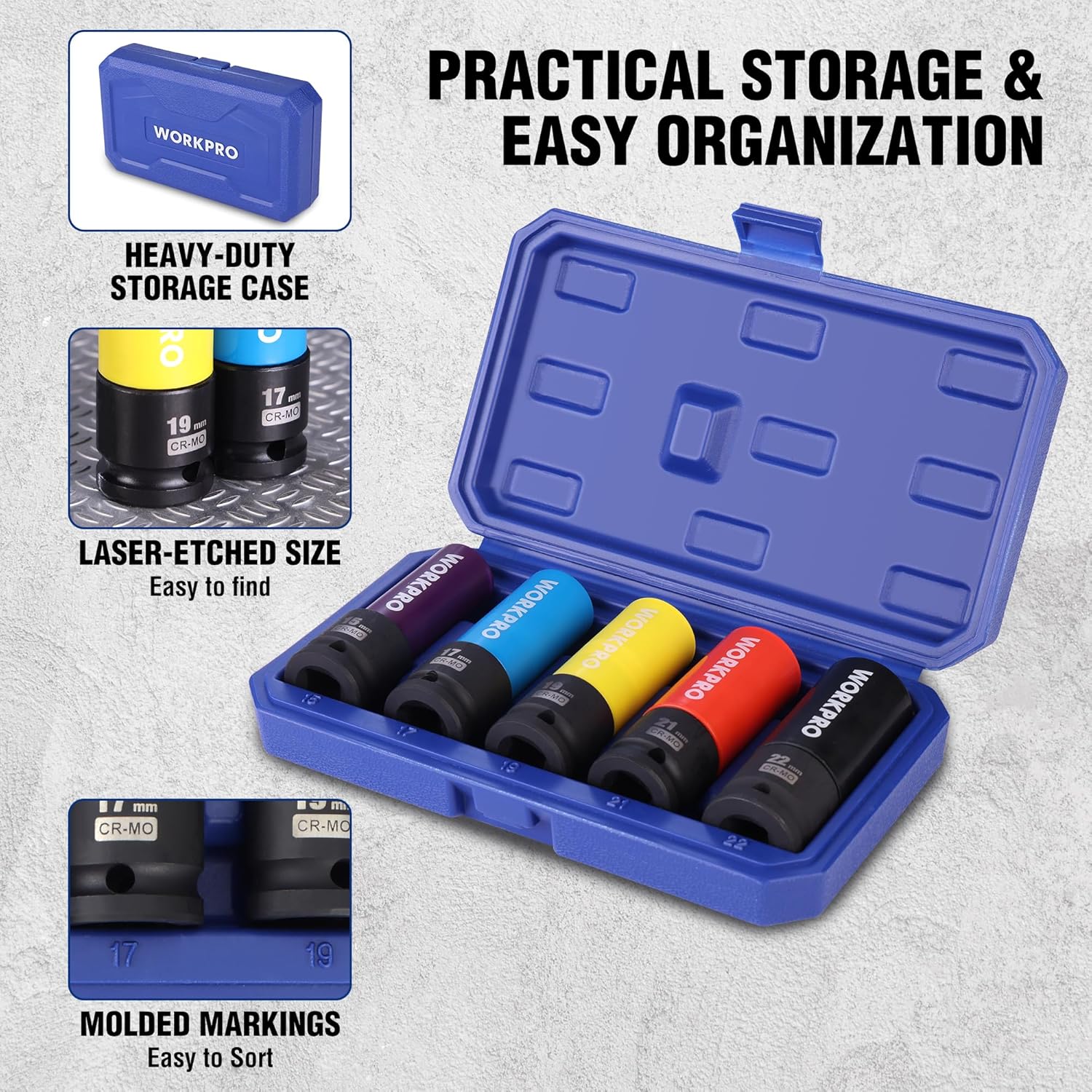 Blue storage case holding five non-marring lug nut sockets in colored sleeves