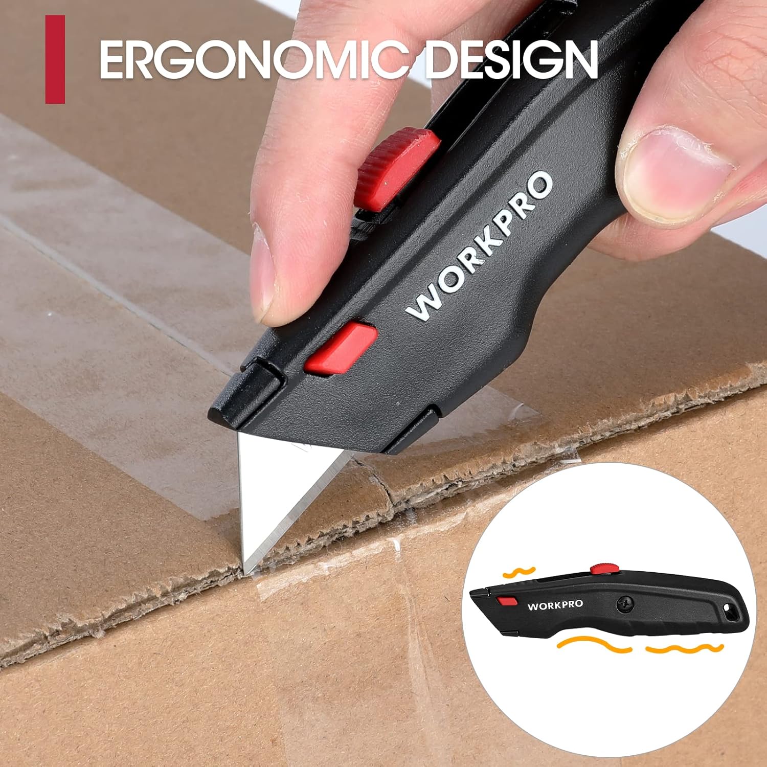 Retractable utility knife with black body and red accents, held in hand with blade extended