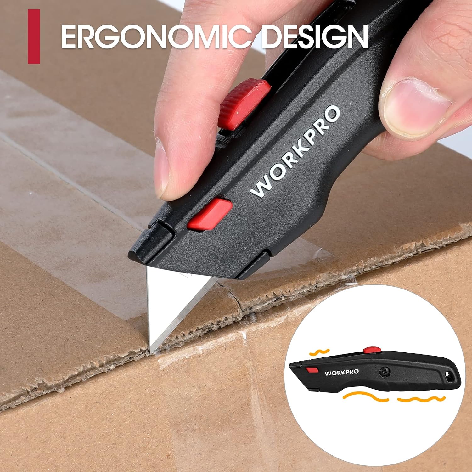 Retractable utility knife with black handle, red accents, and blade cutting cardboard