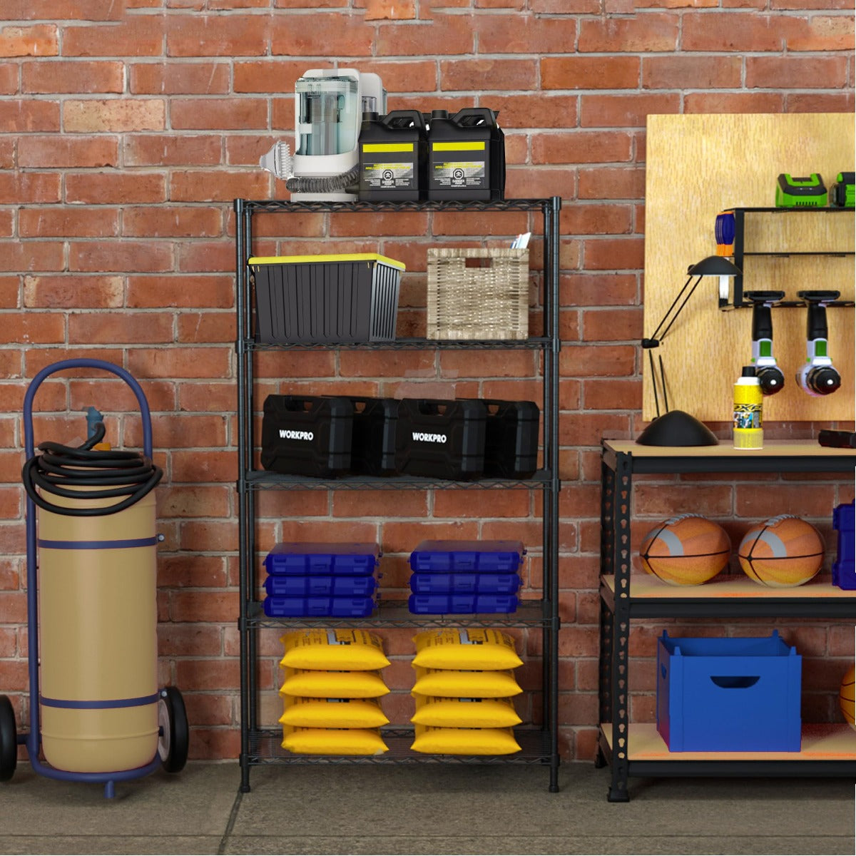 Black 5-tier wire storage rack with bins, bags, and bottles in a garage
