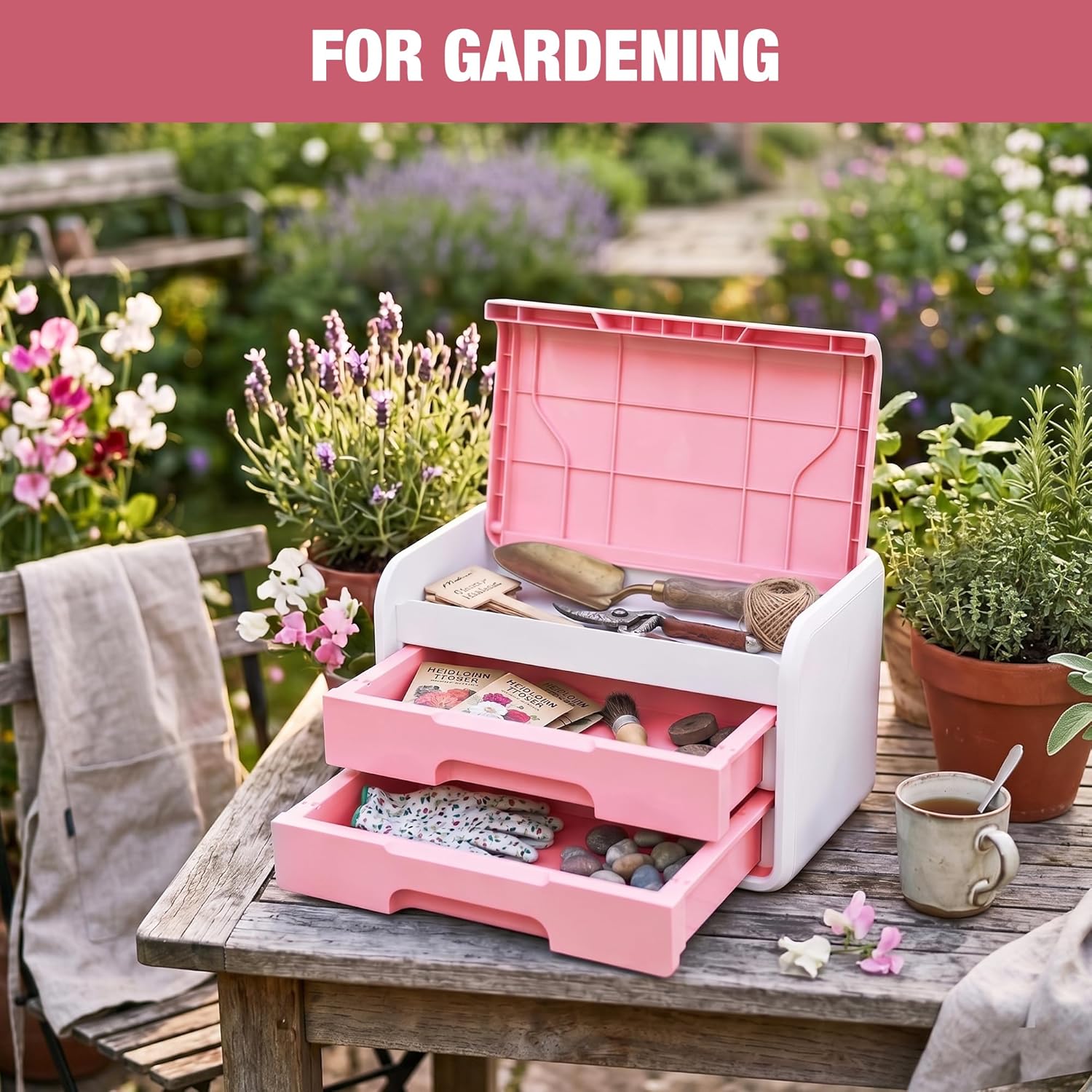 Pink and white desktop storage box with flip-top lid and two open drawers