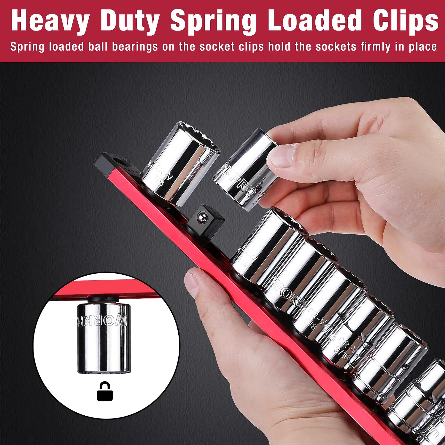 Red socket rail with spring-loaded black clips holding chrome sockets securely