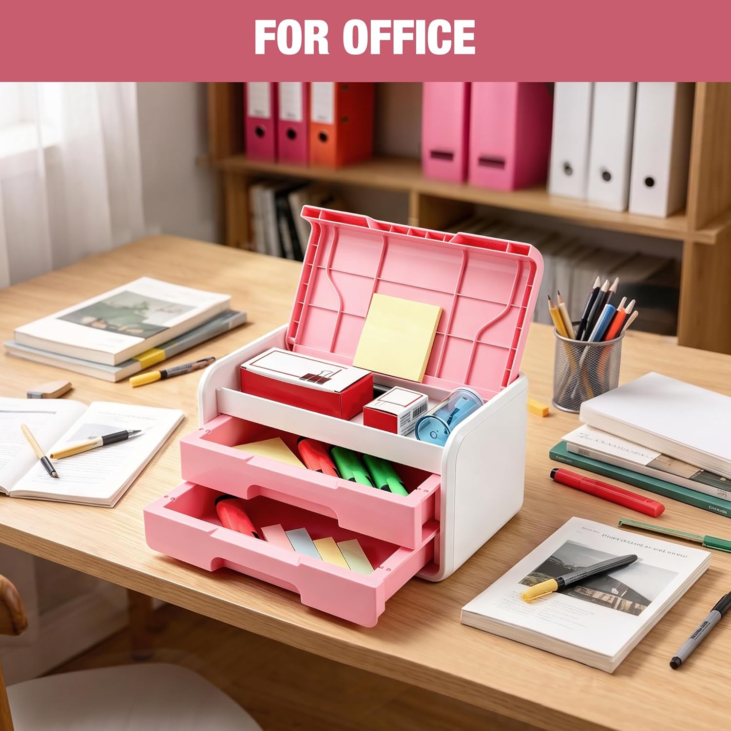 Pink and white desktop drawer organizer with flip-top lid and two pull-out drawers