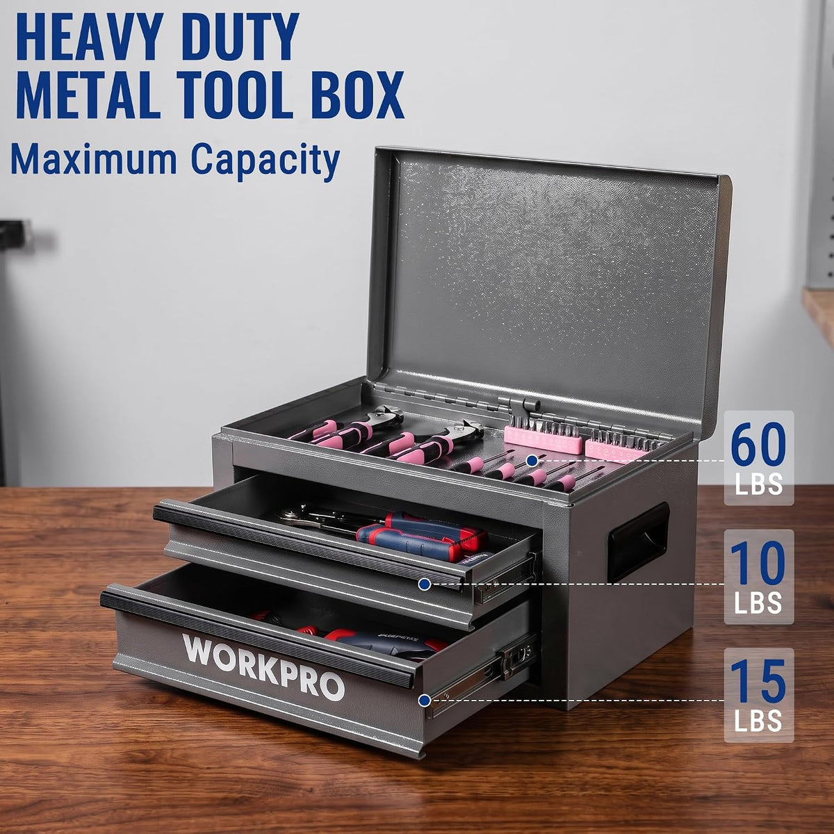 WORKPRO 15 Inch Heavy Duty Metal Tool Box with 2 Drawers & 1 Top Storage, Grey