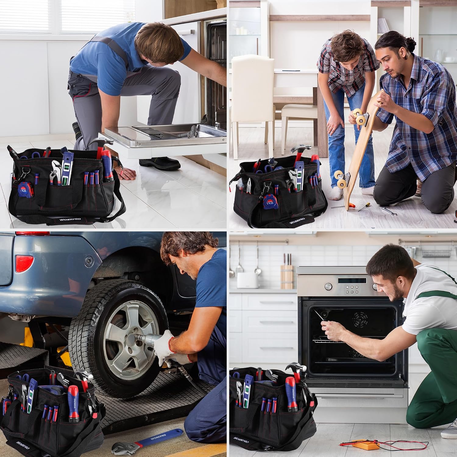 WORKPRO 16-inch Close Top Wide Mouth Tool Storage Bag in black with waterproof rubber base, secure open access