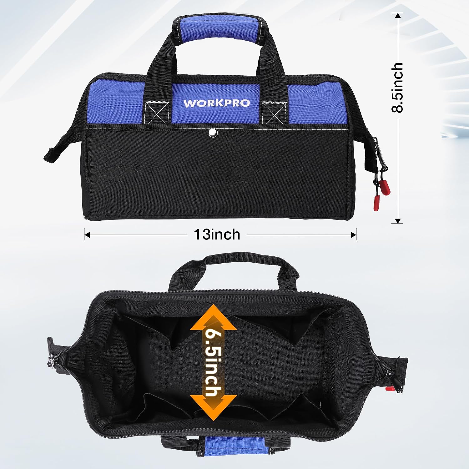 WORKPRO 13-inch Wide Mouth Tool Tote Bag in blue and black with inside pockets, durable quality and secure design