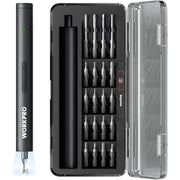 Mini electric screwdriver kit with open case, storage slots, and metal bit rows