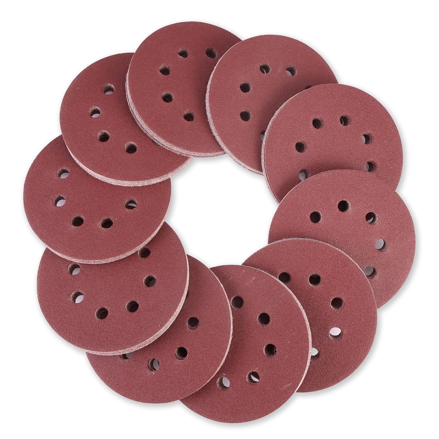 Set of round sanding discs with 8 dust holes, burgundy color, hook-and-loop