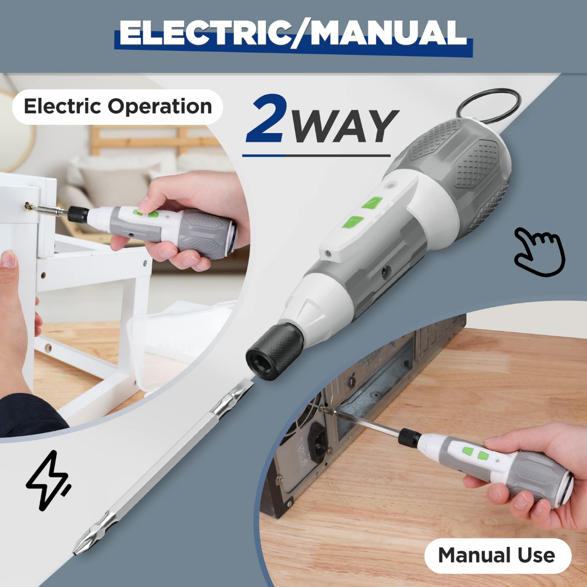 Pink and white cordless USB rechargeable battery screwdriver with LED light and bit