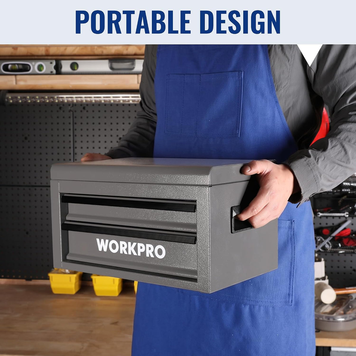 WORKPRO 15 Inch Heavy Duty Metal Tool Box with 2 Drawers & 1 Top Storage, Grey