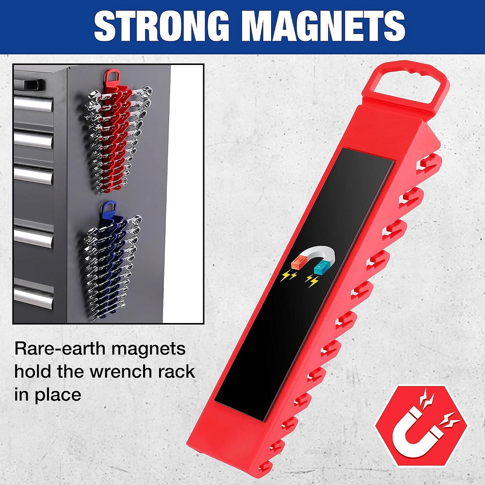 Red magnetic wrench organizer rack with gripper slots for holding wrenches in place